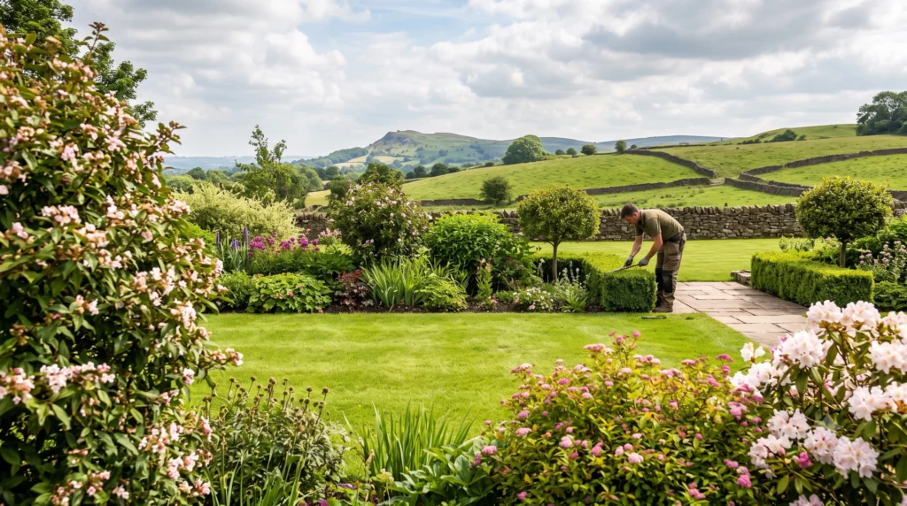 A professionally maintained garden in Macclesfield, Cheshire, showing a manicured lawn, trimmed hedges, and a view of Tegg's Nose in the distance
